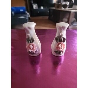Vintage Porcelain Rose Salt & Pepper Shakers White and Delicate Pink Roses 3"